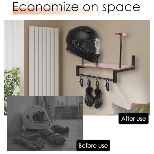 Motorcycle Helmet Holder Wall Mount, Helmet Organizer Rack with Hooks and 4 Glove Clips, Baseball Headgear Plate Rack Display Organizer, Helmet Stand Hanger for Motorcycle Accesories Storage