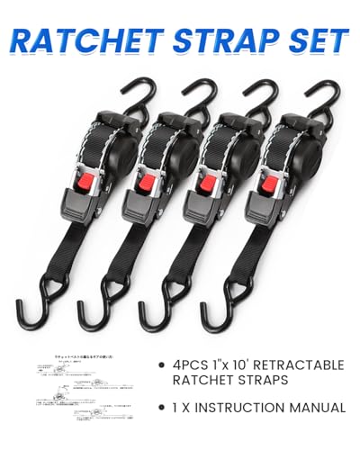 GAsupply 1" x 10ft Retractable Ratchet Straps Black, Heavy Duty Auto-Retracting Tie Down Straps for Truck, Cargo, Motorcycle – 1543 lbs Break Strength, 4 Pack - size: 4 PACK