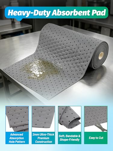 15" W x 25' L Oil Absorbent Pads, Water Absorbent Mat, Trimmable Absorbent Sheets for Garage, Automotive, Workshop, Handles Oil, Coolant, Water & Chemicals
