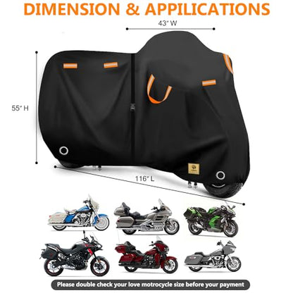 Motorcycle Cover Waterproof Outdoor,116" Heavy Duty 420D Oxford Cloth | Touring Bike Cover Fit for Honda,Yamaha,Harley,Tear-Resistant,Anti-UV,Windproof,3 Pairs Straps,Lock Holes,116"Lx43"Wx55"H