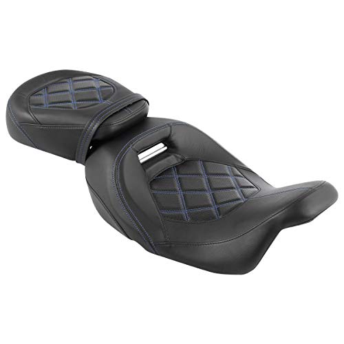 Low-Profile Rider Driver Passenger Pillion Seat Set Fits for Harley Touring 2009-2023 Road King FLHR Street Glide Road Glide Street Glide Ultra Limited - color: Seat Blue