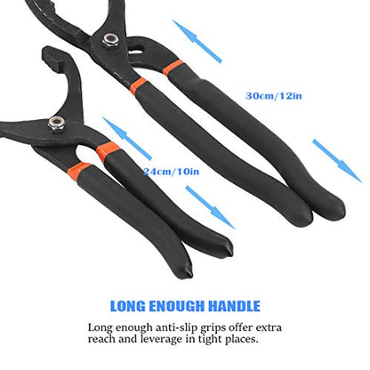 GLARKS 2Pcs 10" and 12" Long Handle Grip Oil Filter Pliers Set Adjustable Angle Hand Oil Filter Wrench for Auto Motorcycle and Trucks Use