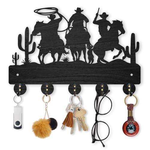 MAYJOYDIY Cowboy Horse Cactus Coat Hooks Wall Mount 11.8×7.9inch Desert Decorative Hooks Rack Wall Art Decor Black Wooden Western Cowboy Key Holder for Wall 5 Alloy Hooks for Kitchen Entryway Gifts - color: Cowboy Horse Cactus