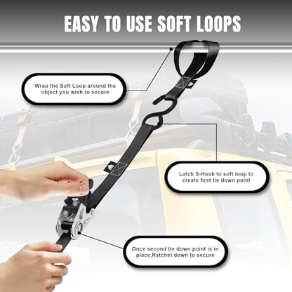 Jack Boss Ratchet Tie Down Straps Set,1500 lbs Break Strength, 1" x 15' Heavy Duty Ratchet Straps with 4X Soft Loops Padded Handles Coated S Hook, Fits for Moving Appliances Motorcycle ATV Truck,Black - color: Black