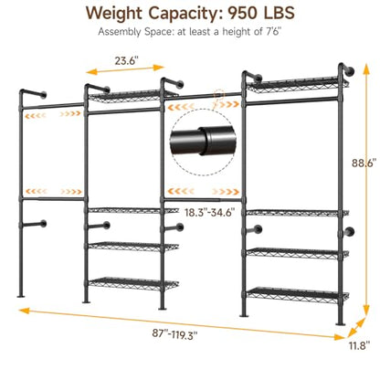 ONBRILL H4 Wall Mounted Closet System, Expandable Industrial Pipe Clothes Rack Clothing Rack for Hanging Clothes, Heavy Duty Closet Organizers and Storage in Wardrobe Closet - color: Black