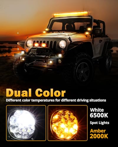 Auxbeam P4 Series Dual Color Round Strobe Light Pods 4-Inch 90W | Memory function flashing offroad lights, amber white 6-mode fog lights, automotive warning spot light bar - color: P4 Series Amber White 6 Modes Lights