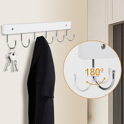 2 Pack Coat Rack Wall Mount with 12 Rotating 180° Coat Hooks, 14.6" Rustproof Wooden Entryway Organizer, Wall Hooks for Hanging Coats, Purse, Hats, Jackets, Towels, Space Saving Hanger (White) - color: White