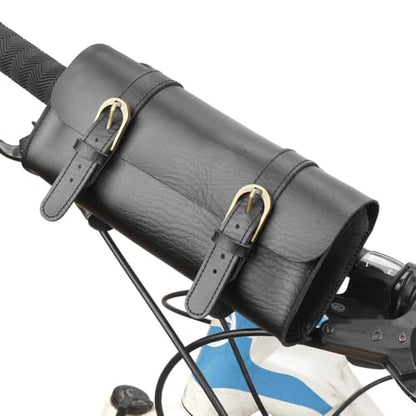 ‌PU Leather Bike Handlebar Bag - Retro Vintage Seat Bag with Adjustable Straps for Mountain/Road Scooters & Folding Bikes