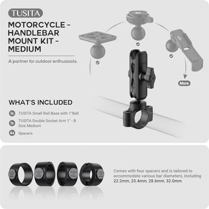 TUSITA Motorcycle Handlebar Mount - Small Base with Double Socket Arm Medium - 1" B Size - size: Medium Arm
