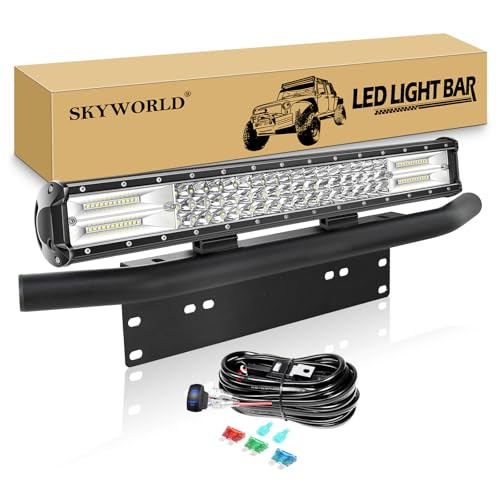 SKYWORLD LED Light Bar, 20 inch 288W Spot Flood Combo Beam Work Driving Lamp with Black License Plate Mounting Bracket 12V Wiring Harness Kit Rocker Switch for Truck Car ATV SUV 4X4 Boat - size: Light + Bracket + 12V Rocker Wiring