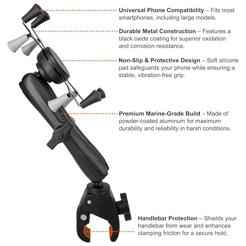 Kayak Phone Mount with Clamp Ball Base, 360° Adjustable Marine Grade Aluminum Holder with 6.7" Long Arm, for Fishing Boat and Motorcycle, Suitable for Bars and Rails with 0.71"-1.61" Diameter