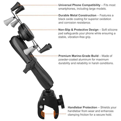 Kayak Phone Mount with Clamp Ball Base, 360° Adjustable Marine Grade Aluminum Holder with 6.7" Long Arm, for Fishing Boat and Motorcycle, Suitable for Bars and Rails with 0.71"-1.61" Diameter
