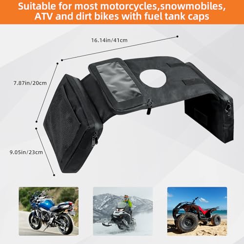 Universal ATV Tank Saddle Bag, Waterproof Motorcycle Fuel Tank Bag with Phone Pocket, Durable Synthetic Storage Bag Compatible with UTV Quad Bike Snowmobile, Black atv Saddle Bag