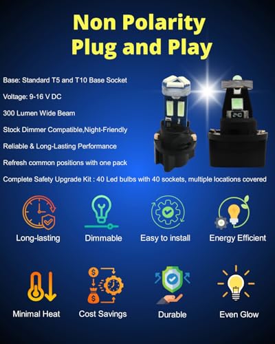 WLJH 40 Pack T5 T10 LED Bulbs with Sockets, Non Polarity Plug and Play, 300 Lumen Dimmable,for Interior Dash Gauge Cluster Dome Map Footwell and License Plate Lights, Fits 74 2721 194 168, Ice Blue - color: Ice Blue
