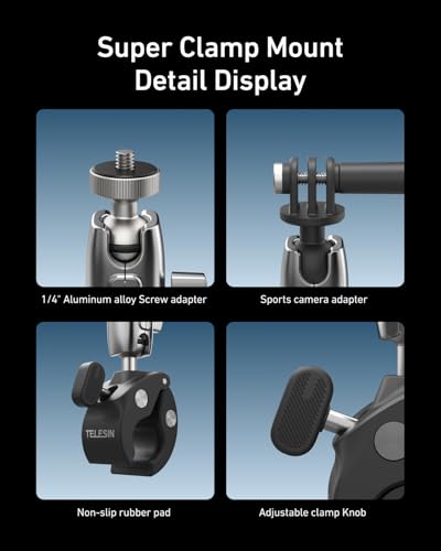 TELESIN Super Clamp Camera Mount with 360° Dual Ball Head, Bike/Bicycle/Motorcycle Handlebar Mount for GoPro Mission 1 PRO/DJI Osmo Pocket 4 3/ DJI Action 6 5 4/ Insta360 Luna Ultra/Xtra Muse Camera