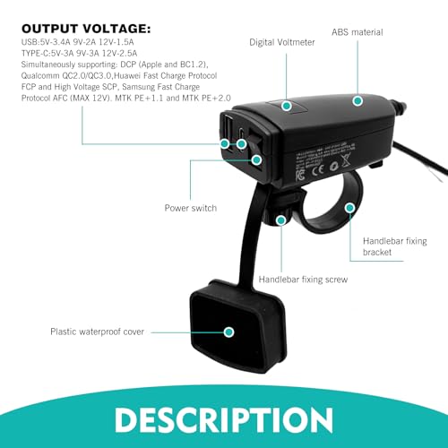 Motorcycle USB Charger, DC12V-24V PD+QC3.0 Fast Charging, TP-C Mobile Phone Car Charger, for 7/8" Handlebar Motorcycles (Black)