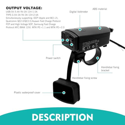 Motorcycle USB Charger, DC12V-24V PD+QC3.0 Fast Charging, TP-C Mobile Phone Car Charger, for 7/8" Handlebar Motorcycles (Black)