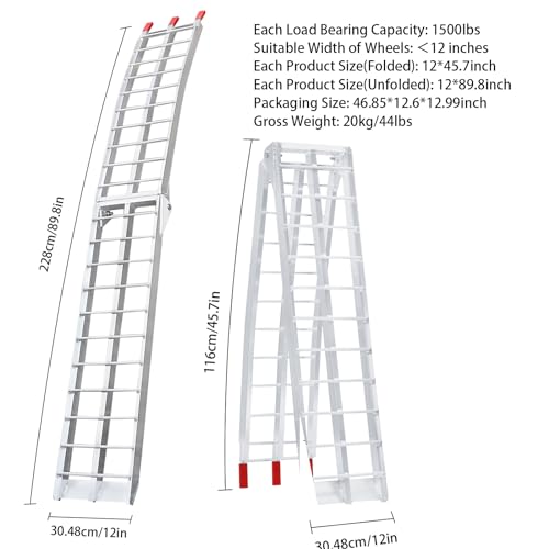 7.5FT Aluminum Ramps, Folding Loading Ramps, 3000 lbs Aluminum Alloy Loading Ramp, Trailers Ramp with Load Straps, for ATV/Motorcycles/Trucks, 89.8" Lx12 W, Set of 2, Silver