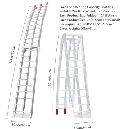 7.5FT Aluminum Ramps, Folding Loading Ramps, 3000 lbs Aluminum Alloy Loading Ramp, Trailers Ramp with Load Straps, for ATV/Motorcycles/Trucks, 89.8" Lx12 W, Set of 2, Silver