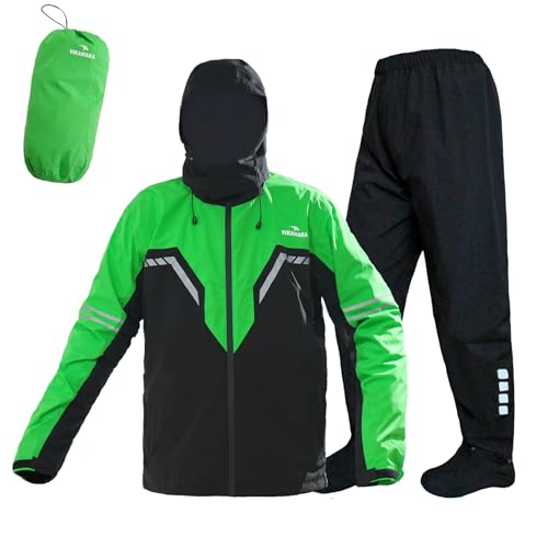 Waterproof Rain Suit for Men,Lightweight Rain Jackets and Pants Portable Reflective for Motorcycle Cycling Rain Gear - color: Green, size: X-Large