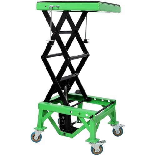 350 LBS Hydraulic Motorcycle Lift Jack, Foot-Operated Scissor Lift Stand with Locking Casters, J-Hook & Rubber Top Platform for Dirt Bikes, Motorcycles and ATVs