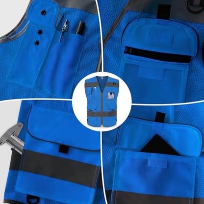 TCCFCCT Mesh Reflective Vest 9 Pockets High Visibility Safety Vest for Men Women, Hi Vis Construction Vest with Reflective Strips, Meets ANSI/ISEA Standards, (Blue, Small) - color: Blue, size: Small