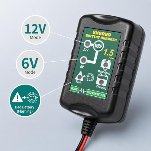 Unocho 6V/12V Battery Charger Maintainer 1.5A Automatic Trickle Charger Smart Float Charger for Car Motorcycle Lawn Mower Boat ATV Snowmobile Lead-Acid AGM GEL SLA VRLA WET Batteries