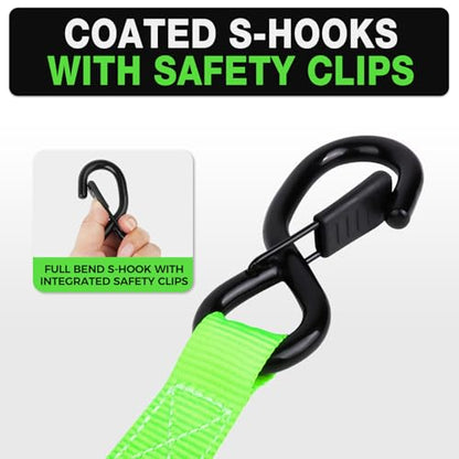 Retractable Ratchet Straps with Soft Loops(4 Pack)-(1,500lb Break Strength) -1 Inch x 12 Feet Heavy Duty Auto Self Retracting Tie Down Strap for Truck, Cargo Trailer, Motorcycle, Rad & More - color: Green Retractable