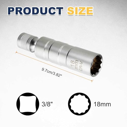 HARFINGTON 2pcs Spark Plug Socket Set 3/8" Drive 18mm Swivel Magnetic 12 Point Thin Wall Spark Plug Socket with 360 Degree Swivel CR-V Steel, Silver - size: 18mm