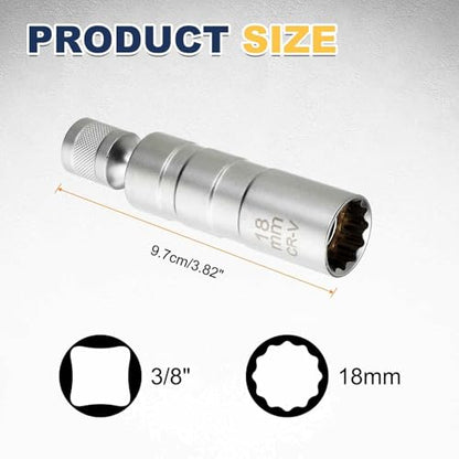 HARFINGTON 2pcs Spark Plug Socket Set 3/8" Drive 18mm Swivel Magnetic 12 Point Thin Wall Spark Plug Socket with 360 Degree Swivel CR-V Steel, Silver - size: 18mm