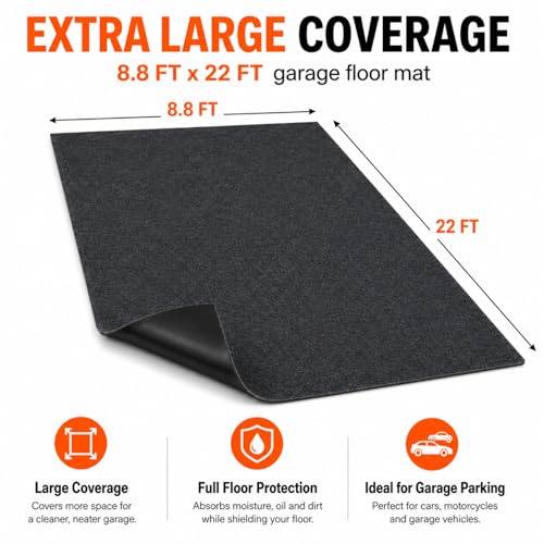 Extra Large Garage Floor Mat 8.8×22 FT – Heavy Duty Non‑Slip Waterproof Parking & Driveway Floor Mat, Reusable Garage Carpet Protection Rug for Garages, Driveways & Parking Lots