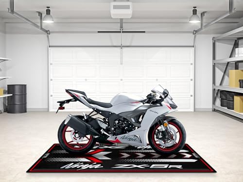 MPM Motorcycle Mat for ZX-6R Washable Non - Slip Oil & Water Resistant Parking Pitmat for Garage, Showroom, Wo | Pearl Robotic White - Metallic Graphite Gray - Size 2: 102 x 47/260 x 120 cm