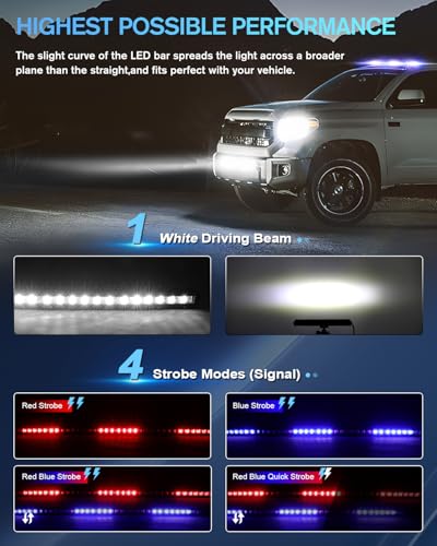 [Curved] [Red & Blue Strobe] 20 inch LED Light Bar Single Row White Flashing Light Police with Wiring Harness for Off-Road SUV UTV Car Truck - color: 20in [Curved][Red & Blue Strobe]