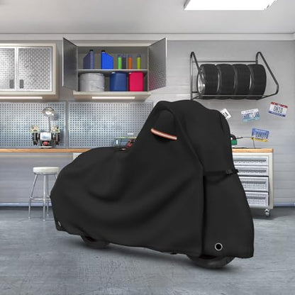 Roasivi Motorcycle Covers Waterproof Outdoor Storage for Harley Davidson Touring Models Heavy Duty Cover for General Motorcycle 110" L x 45" W x 59" H Black - size: 110"L x 45"W x 59"H