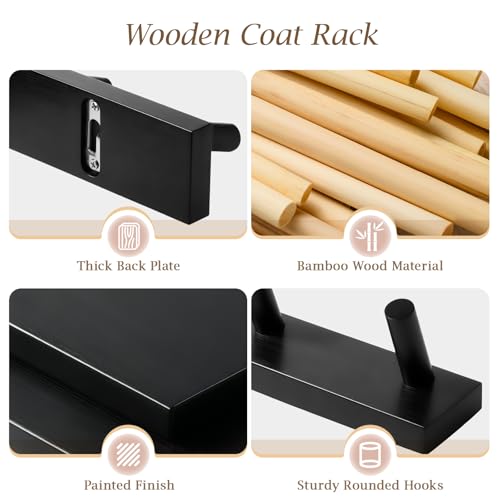 Coat Rack Wall Mount, Wooden Coat Hanger with 5 Hooks, Heavy Duty, Black, 1 Pcs - color: Black