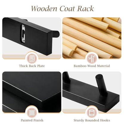 Coat Rack Wall Mount, Wooden Coat Hanger with 5 Hooks, Heavy Duty, Black, 1 Pcs - color: Black