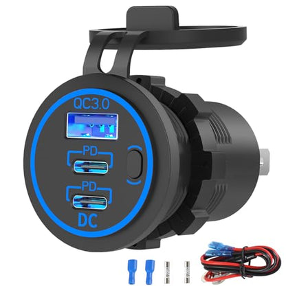 USB C Car Charger Socket 12V USB Outlet, 78W Dual 30W PD and 18W QC3.0 Multi Port Cylinder Charger with Button Switch Waterproof for Car Boat RV Marine Golf Cart Truck Bus Motorcycle etc. - color: 1 pack