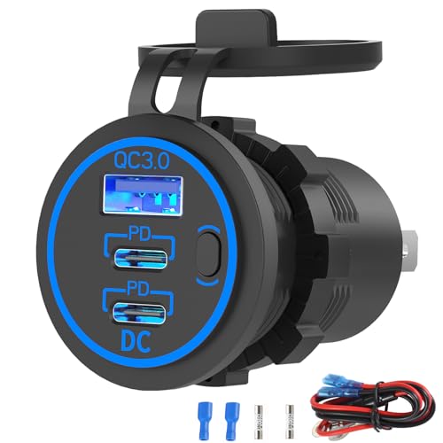 USB C Car Charger Socket 12V USB Outlet, 78W Dual 30W PD and 18W QC3.0 Multi Port Cylinder Charger with Button Switch Waterproof for Car Boat RV Marine Golf Cart Truck Bus Motorcycle etc. - color: 1 pack