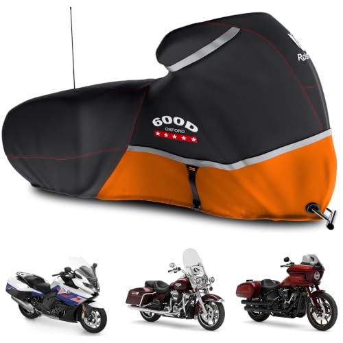 Motorcycle Cover 600D Waterproof for Touring Models Harley Davidson Road King,Road Glide,Street Glide, Electra Glide,Low Rider-ST Indoor & Outdoor Storage Black/Orange - color: Black Orange, size: Side Box