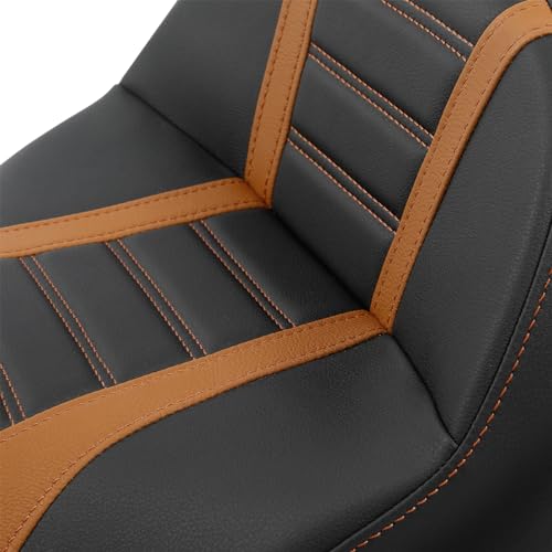 C.C. RIDER Driver Rider Passenger Seat - Rally Stripe Tuck and Roll 2-Up One-Piece Fit for Harley Touring Road King Street Glide Road Glide Electra Glide 2009-2023 - color: Black Orange seat