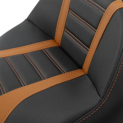 C.C. RIDER Driver Rider Passenger Seat - Rally Stripe Tuck and Roll 2-Up One-Piece Fit for Harley Touring Road King Street Glide Road Glide Electra Glide 2009-2023 - color: Black Orange seat