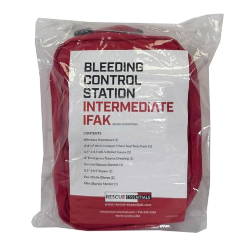 Rescue Essentials Stop the Bleed Intermediate IFAK Trauma Kit – Red Nylon Pouch, Compact 6.5"" Emergency Bleeding Control Kit for First Aid, Outdoor, Tactical & Public Access Use, 1 Count