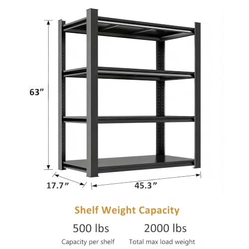 45"Wx18"D Heavy Duty Garage Shelving Unit, 4-Tier Adjustable Metal Storage Shelves, 2000 lbs, Industrial Shelf Rack Organizer for Garage, Basement, Warehouse, Pantry, Kitchen, Black, 63"H - size: 4 Tier | 63" H x 45" W x 18" D