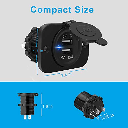 Riseuvo 2 Pack USB Charger Socket - 12v Dual USB Power Outlet 2A/1A Power Adapter for Car Marine Motorcycle ATV RV, with Wire Fuse DIY Kit