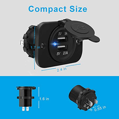 Riseuvo 2 Pack USB Charger Socket - 12v Dual USB Power Outlet 2A/1A Power Adapter for Car Marine Motorcycle ATV RV, with Wire Fuse DIY Kit