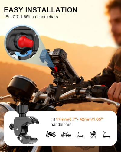 Motorcycle Phone Mount with Vibration Dampener, Bike Phone Holder Handlebar Clamp, 1s Lock Scooter Phone Clip for iPhone 17 16 Pro Max, Galaxy S25 Ultra, 4.7"-7.2" (Clamp Base) - color: Clamp Base