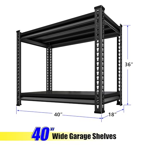 40" W Garage Shelving Heavy Duty, 900 Lbs Loads Garage Storage Shelves Heavy Duty, 2-Tier Metal Shelving Units and Storage for Basement, Retiple Tanks,40" Wx18 Dx36 H, Black