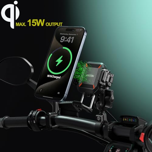 iMESTOU Motorcycle Wireless USB C Phone Mount Anti-Vibration, Anti-Theft 1" Ball Qi Phone Mount Suitable for 5.2"-7.2" Up to 15mm Thick Phones, Fits for 22-32mm Handlebars, Works with 12-24V Vehicles