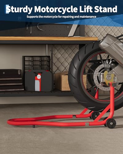 Heavy Duty Motorcycle Stand Lift, Adjustable U&L Fork Head Wheel Lift for Maintenance and Repairs, 450 LBS Capacity, Steel Construction, Red, 1 Piece With Gloves - color: Red