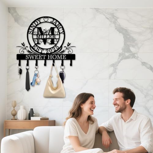 Personalized Monogram Key Holder for Wall, Custom Family Name Hooks | Monogram name design with rust-resistant metal, free hardware, ideal for new home, wedding, couples and housewarming - color: Monogram